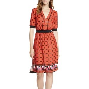 Ted Baker Valent Zip Front Detail Red Geometric Print Ribbed Waist Midi Dress